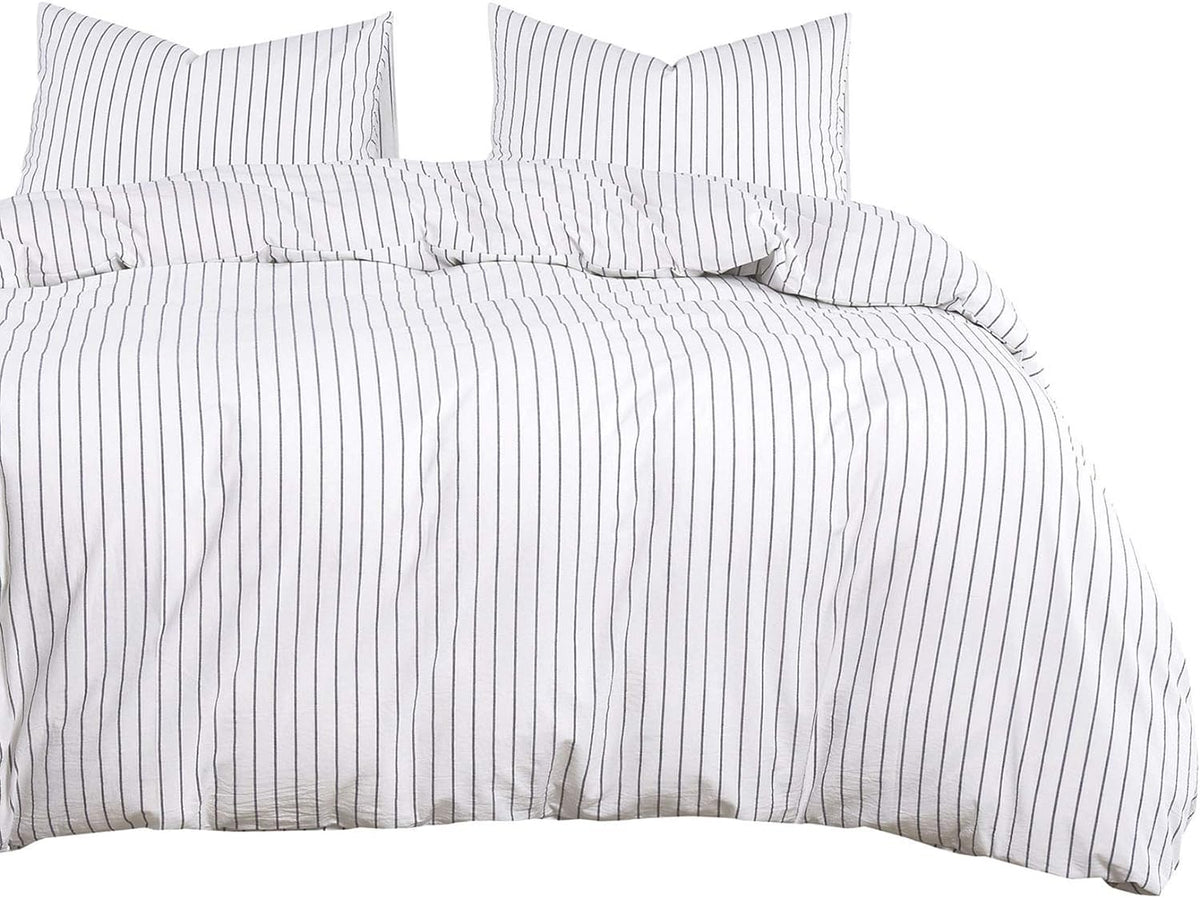Gray Striped King Size 3pcs Washed Cotton Duvet Cover Set with Zipper Closure F599198