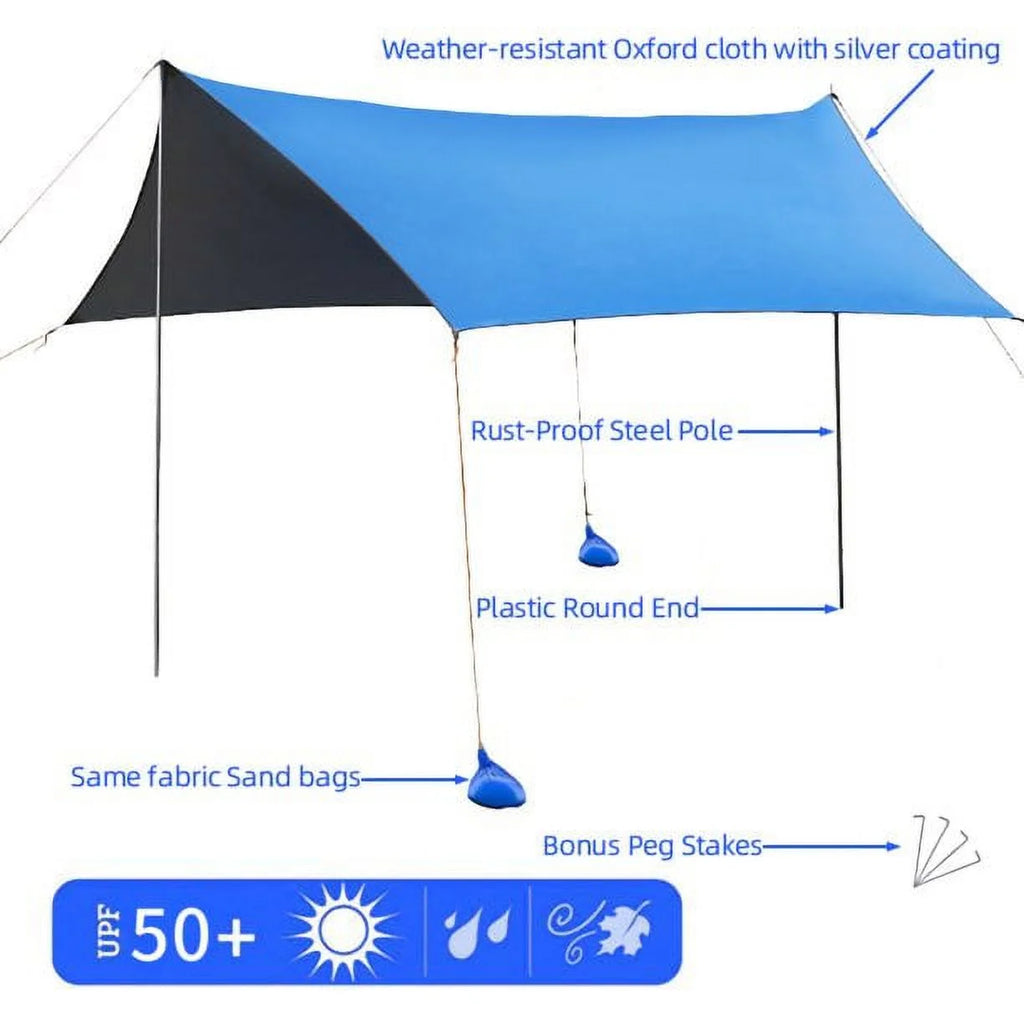 Blue Portable Sun Shelter Beach Tent Canopy with 6 Sandbags C619