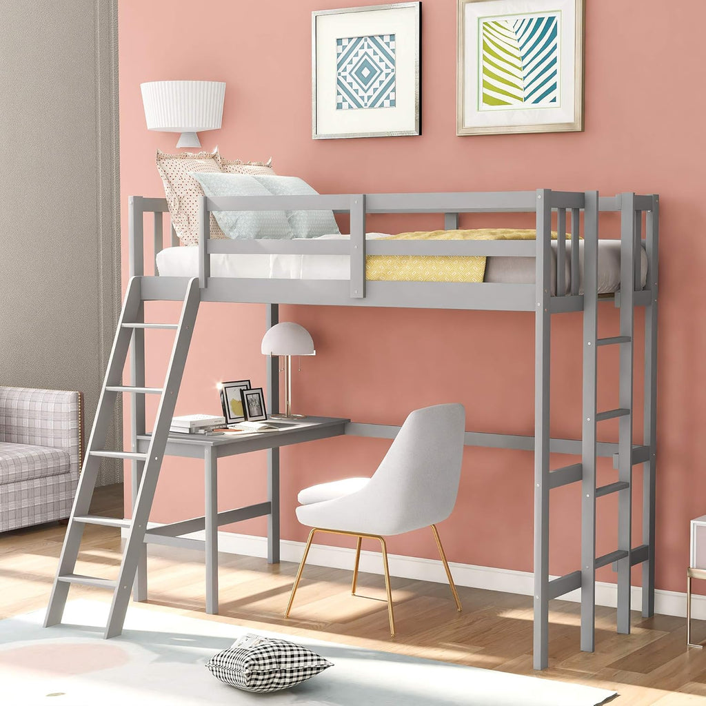 Espresso Wood Twin Loft Bed with Desk and Storage Drawers, Cabinet, Shelves J4884