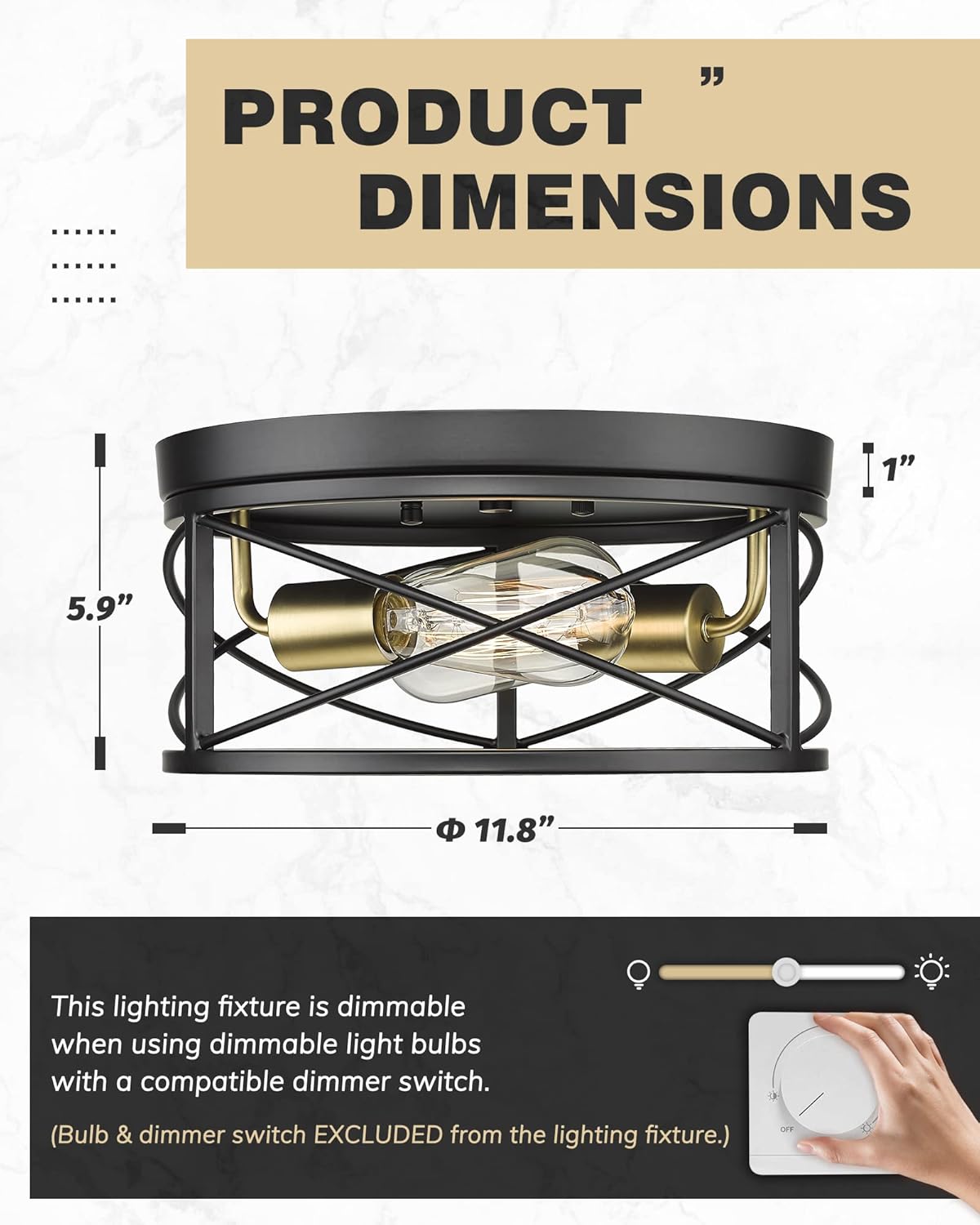 12 Inch 2-Light Farmhouse Flush Mount Ceiling Light Fixture in Matte Black and Brushed Brass C576685