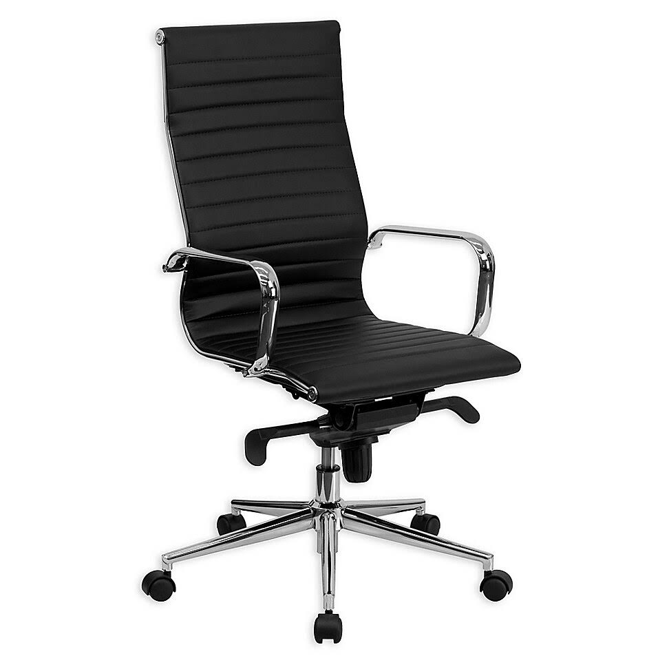 High-Back Ribbed Leather Office Chair in Black K390189