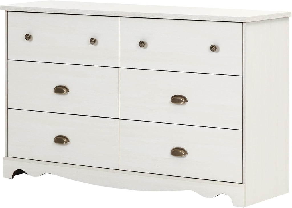 White Wash 6-Drawer Double Dresser with Metal Handles F320