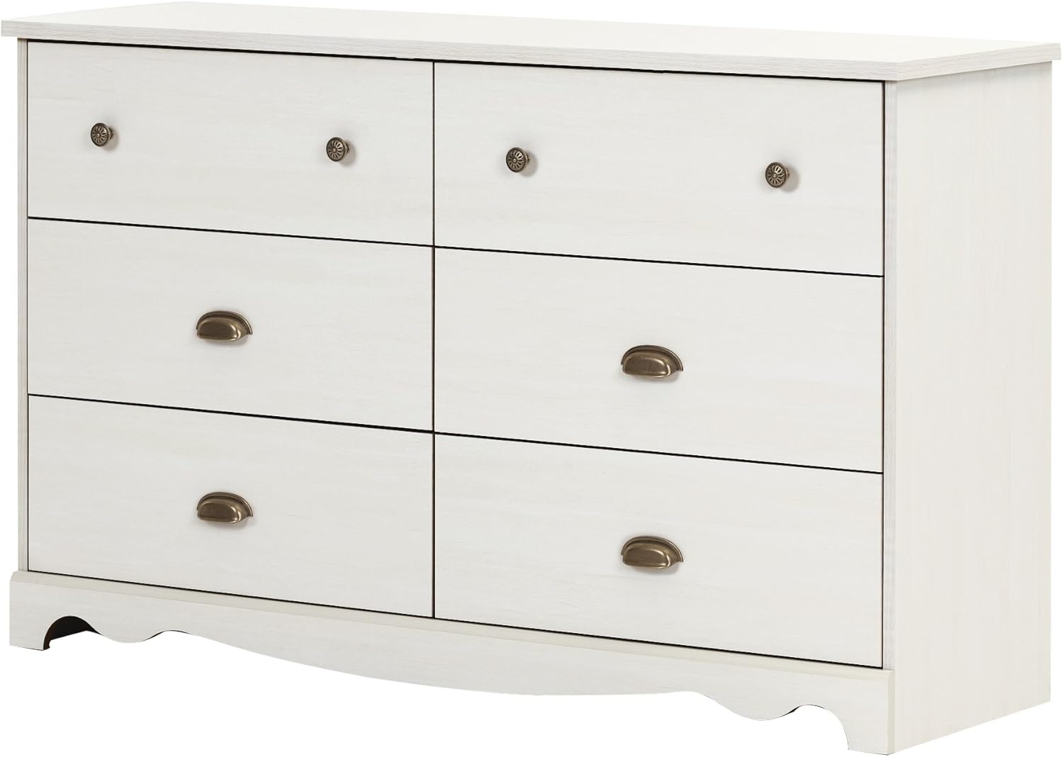 White Wash 6-Drawer Double Dresser with Metal Handles F320