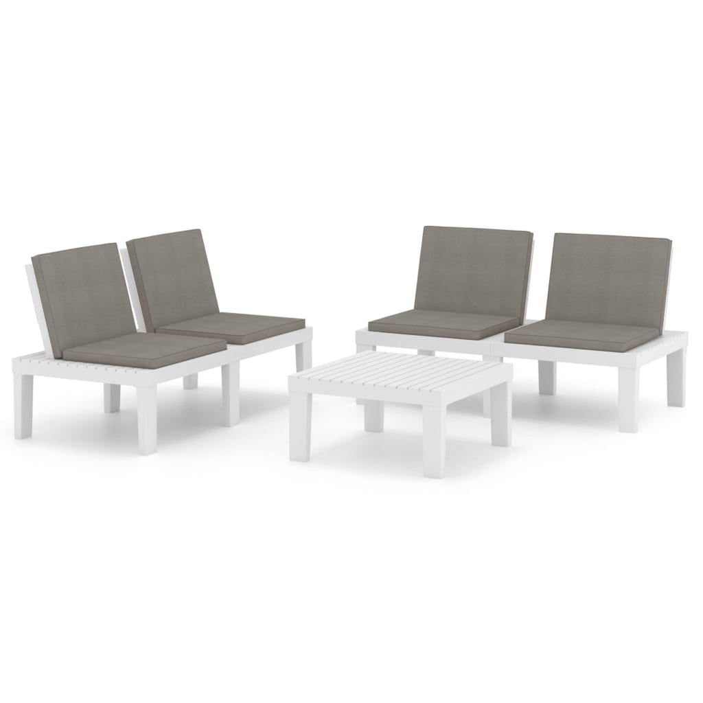 3 Piece Patio Lounge Set with Anthracite Cushions, 2 Benches and Table, Plastic White Outdoor Sectional Sofa Set O18316