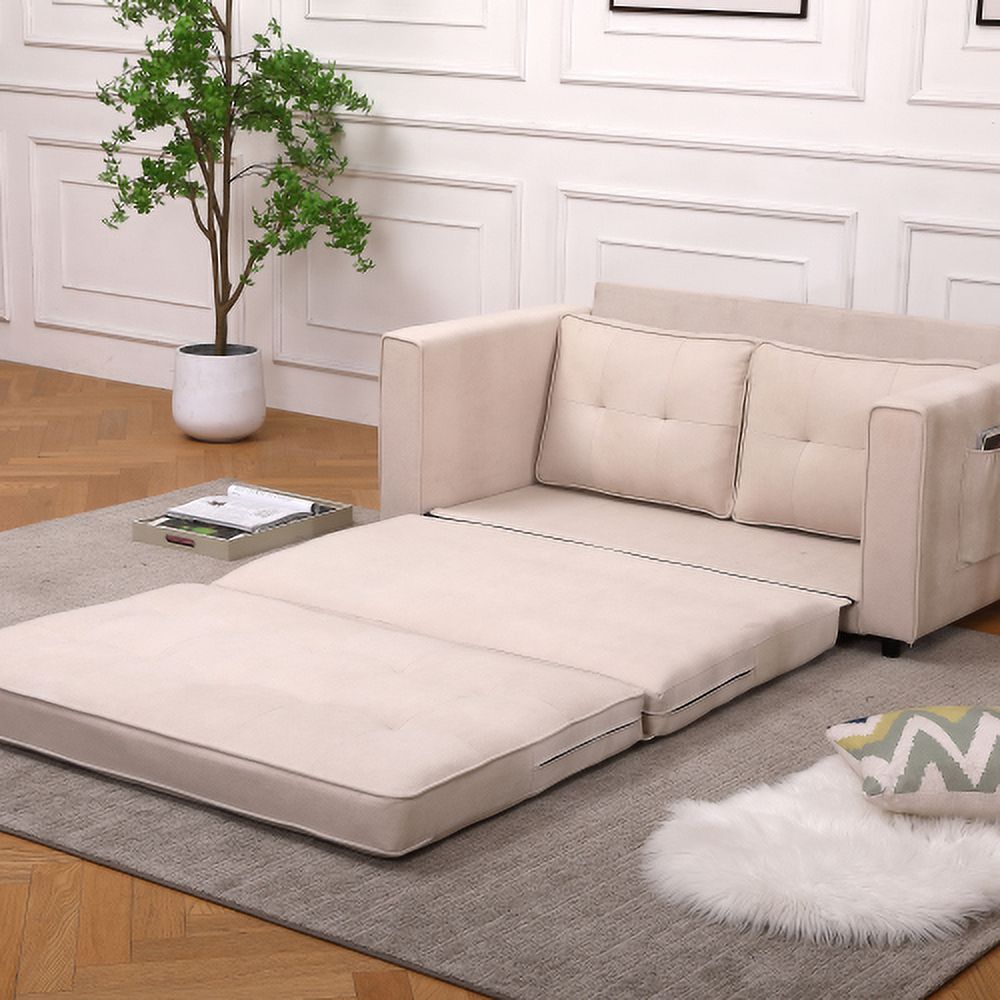Beige Linen Folding Sofa Bed with Two Storage Pockets Y581894