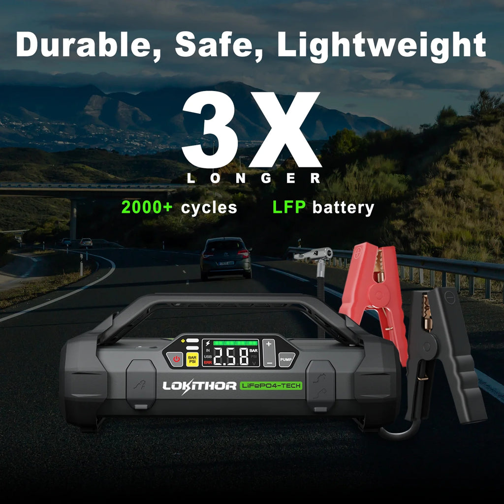Jump Starter with Air Compressor, 3000Amp 12V Lithium Iron Phosphate Car Starter Battery, 150 PSI Tire Inflator with Digital Screen M6189
