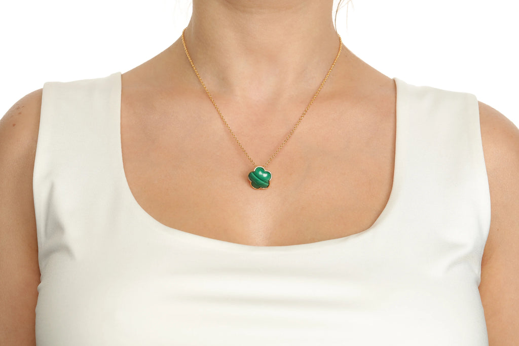 Green Malachite Five Petal Flower Pendant Necklace in 925 Sterling Silver with Yellow Gold Plating on 18 Inch Chain with Spring Ring V494906