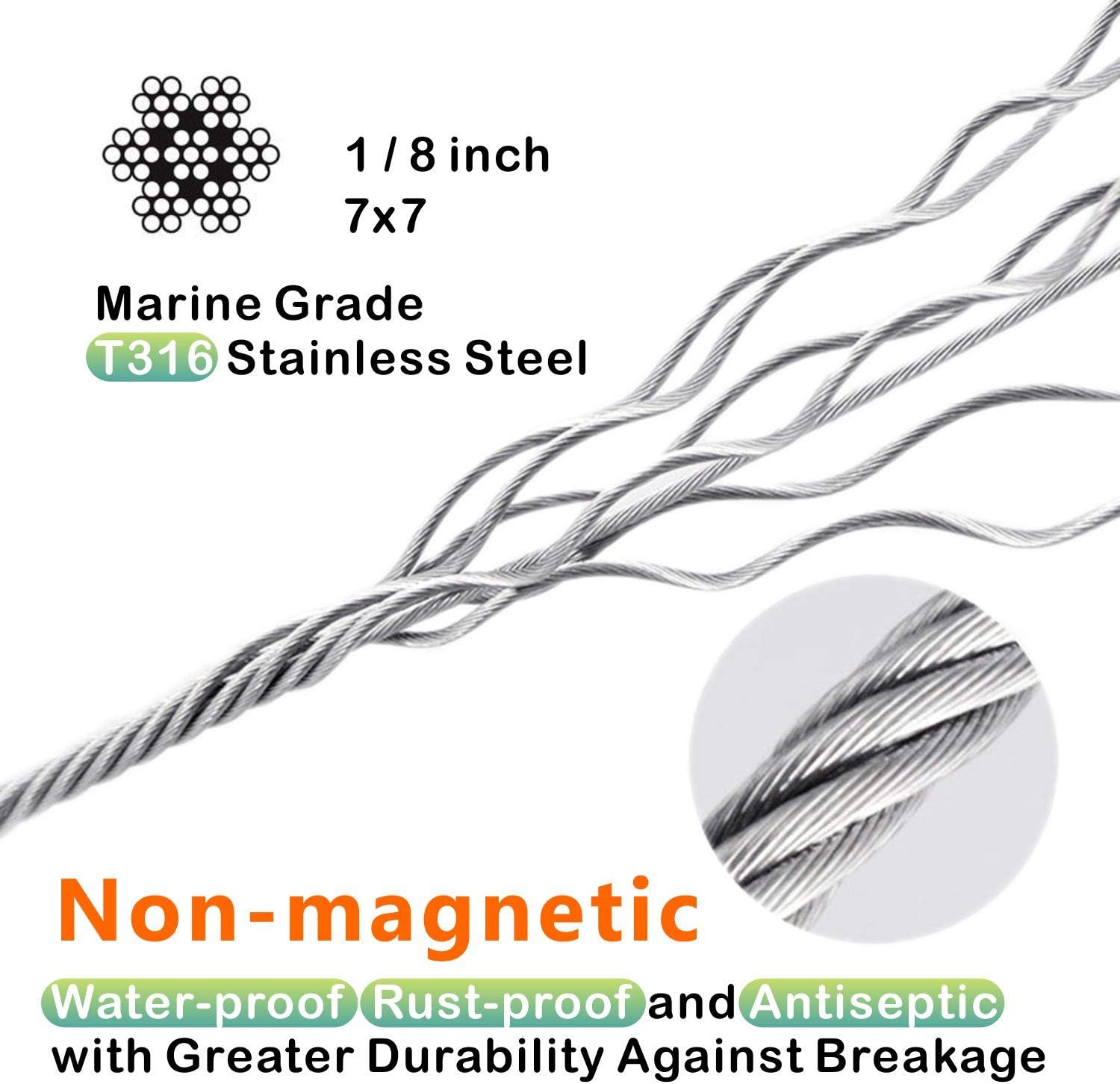 T316 Stainless Steel 1/8'' Aircraft Wire Rope for Cable Deck Railing Kit, Non-Magnetic Marine Grade (650ft) C69783