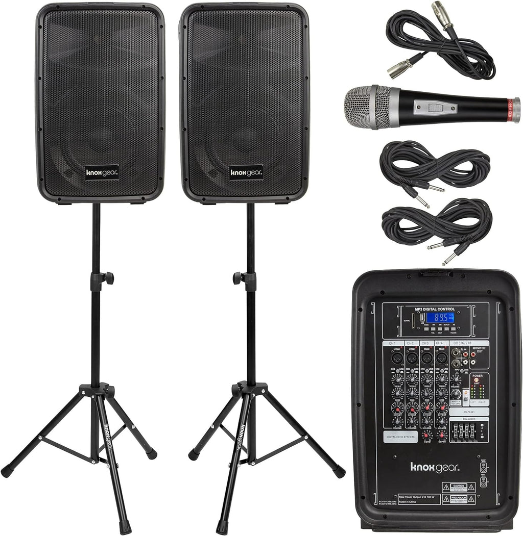 Portable 8” 300 Watt DJ PA System with Wired Microphone & Tripod Stands Q608