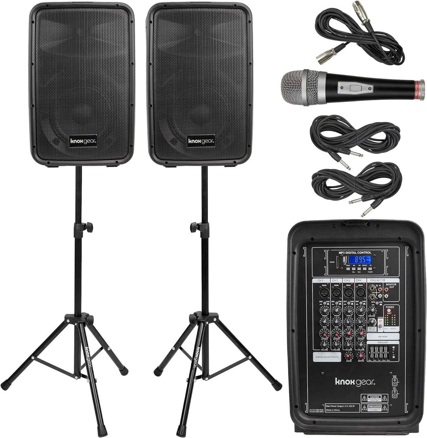 Portable 8” 300 Watt DJ PA System with Wired Microphone & Tripod Stands Q608