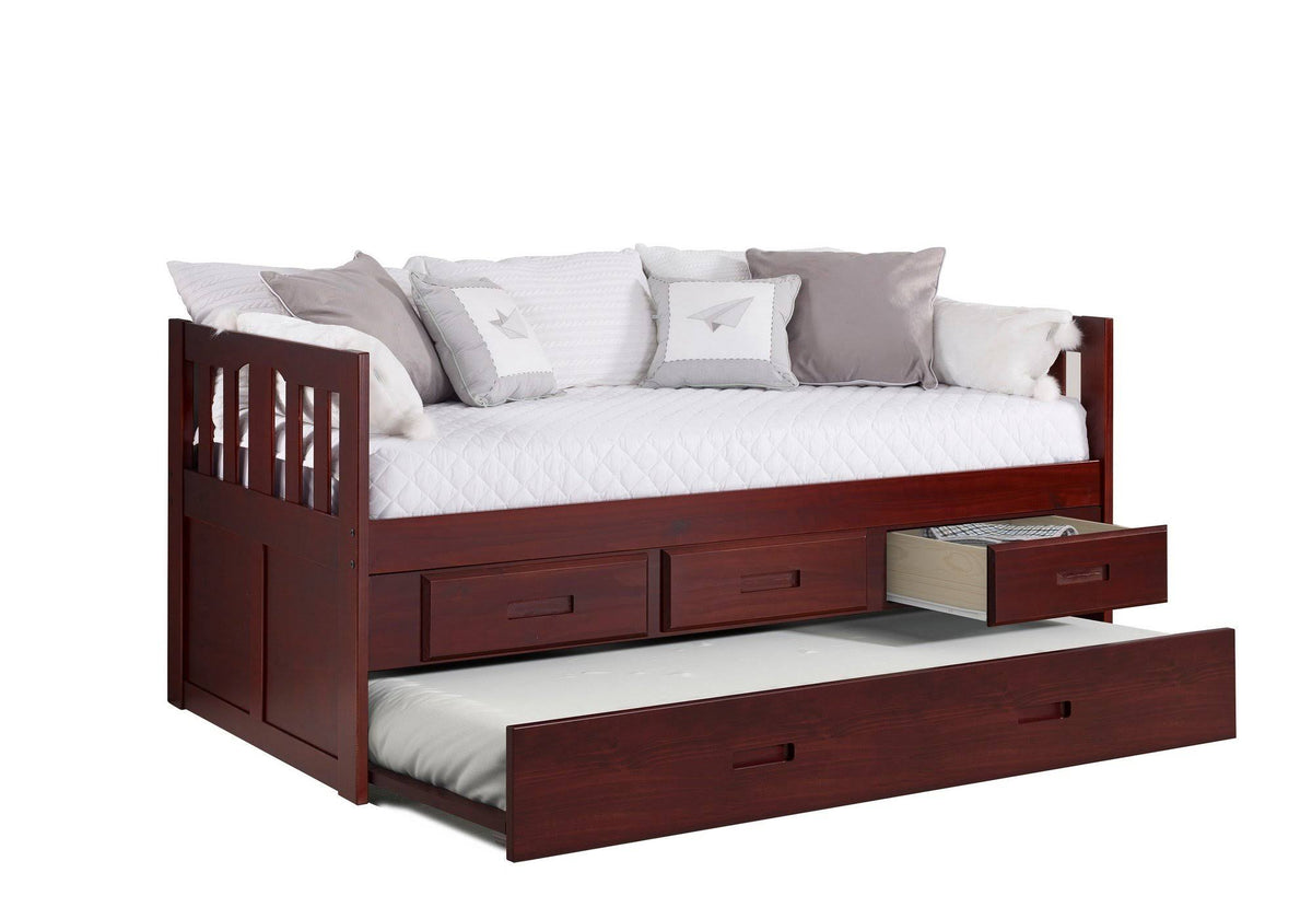 Twin Mission Captains Bed with 3 Drawer Storage and Twin Trundle in Merlot Finish M6671