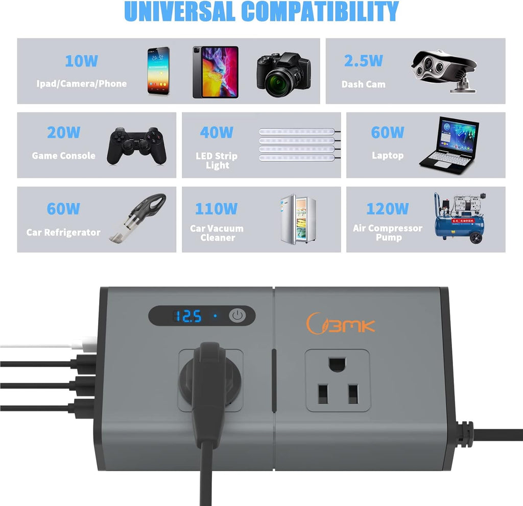 200W Car Power Inverter DC 12V to 110V with USB and Type C Ports Pack of 2 T13342