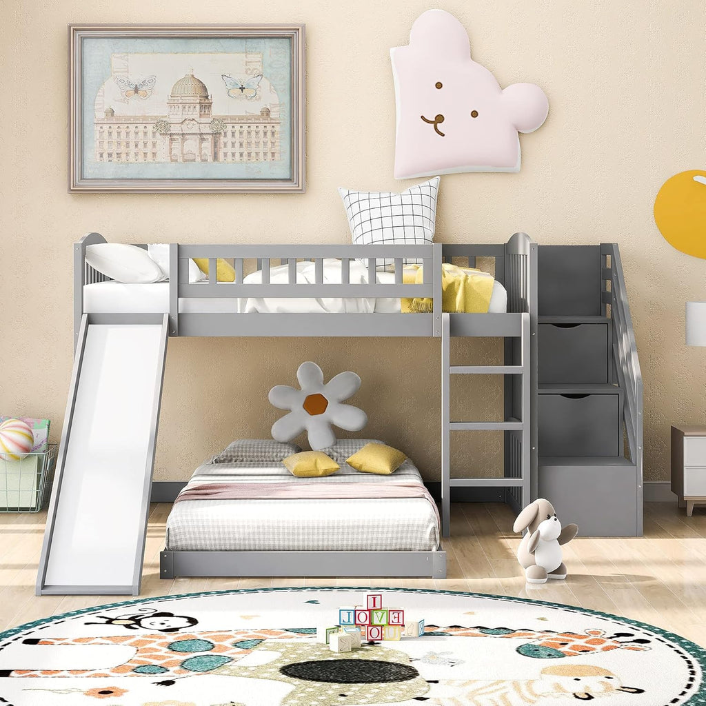 Twin Low Profile Bunk Beds with Slide and Staircase N46296