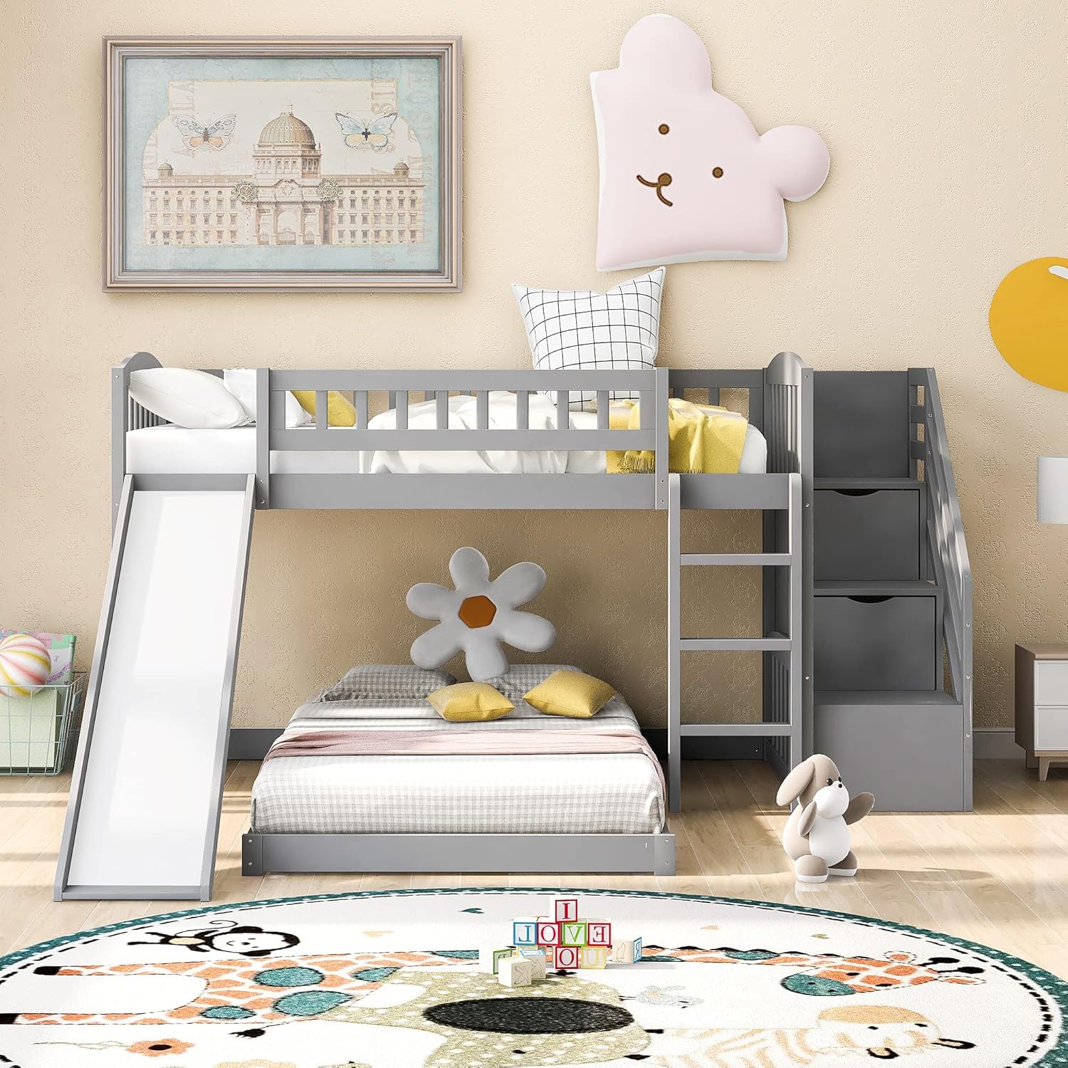 Twin Low Profile Bunk Beds with Slide and Staircase N46296