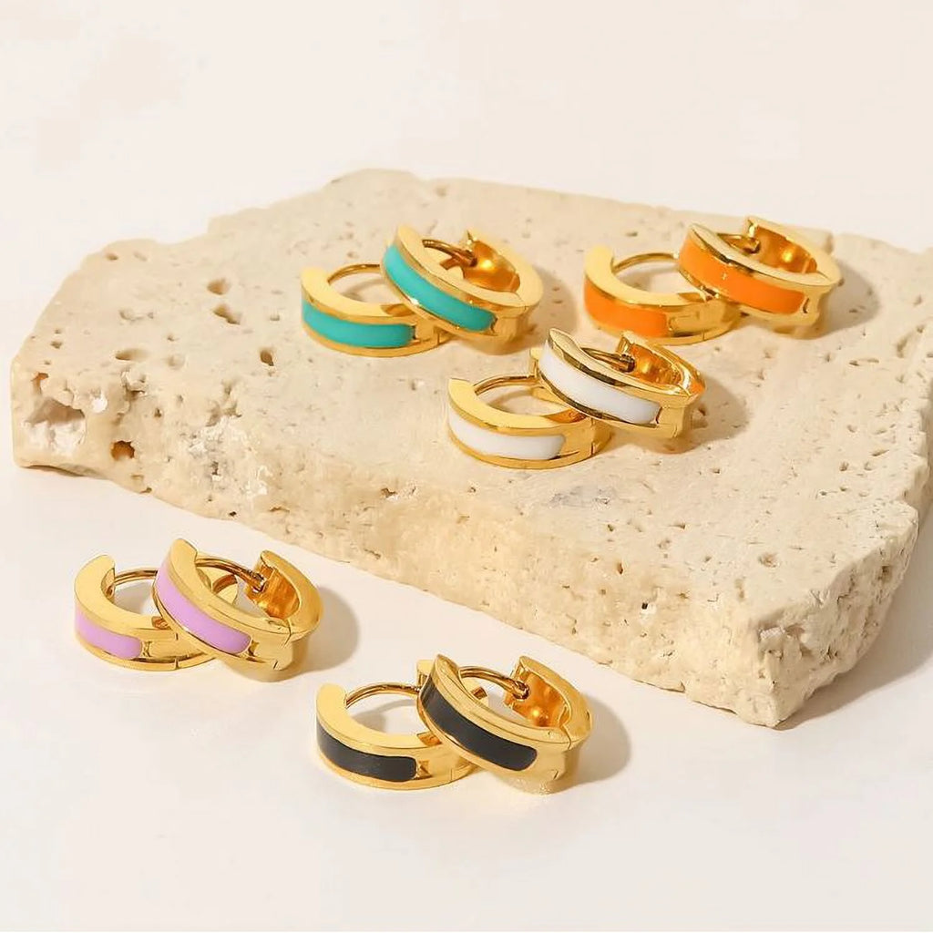 Turquoise Enamel Huggie Hoop Earrings In 18K Gold Plated Stainless Steel M310