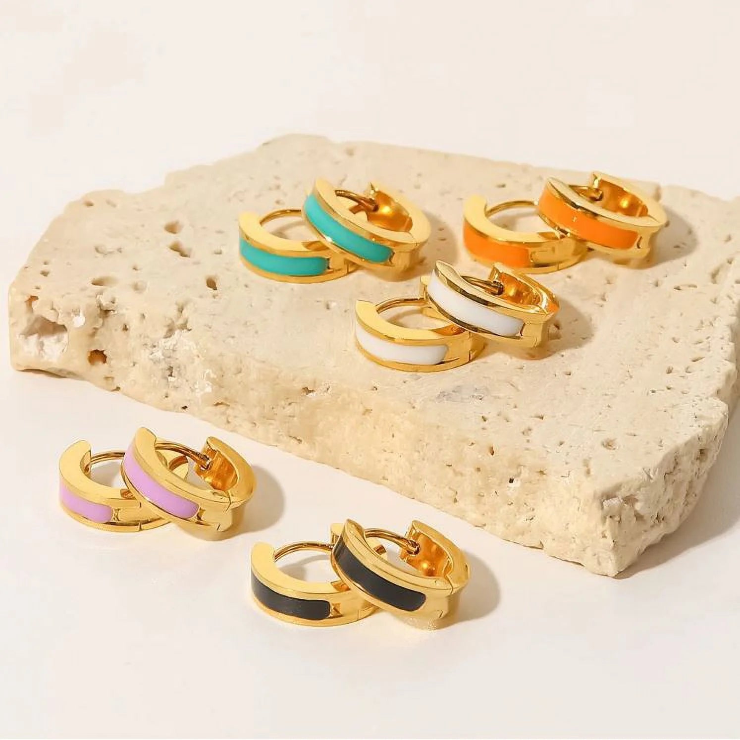 Turquoise Enamel Huggie Hoop Earrings In 18K Gold Plated Stainless Steel M310