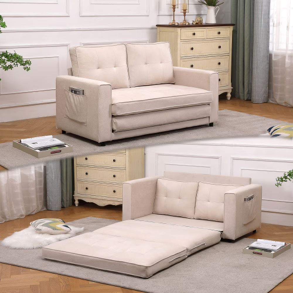 Beige Linen Folding Sofa Bed with Two Storage Pockets Y581894