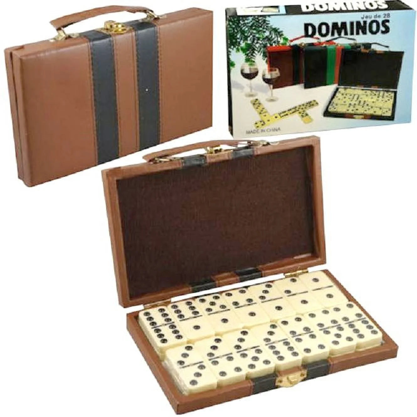 Ivory and Black Tile Dominoes with Metal Spinners in Travel Case S92617