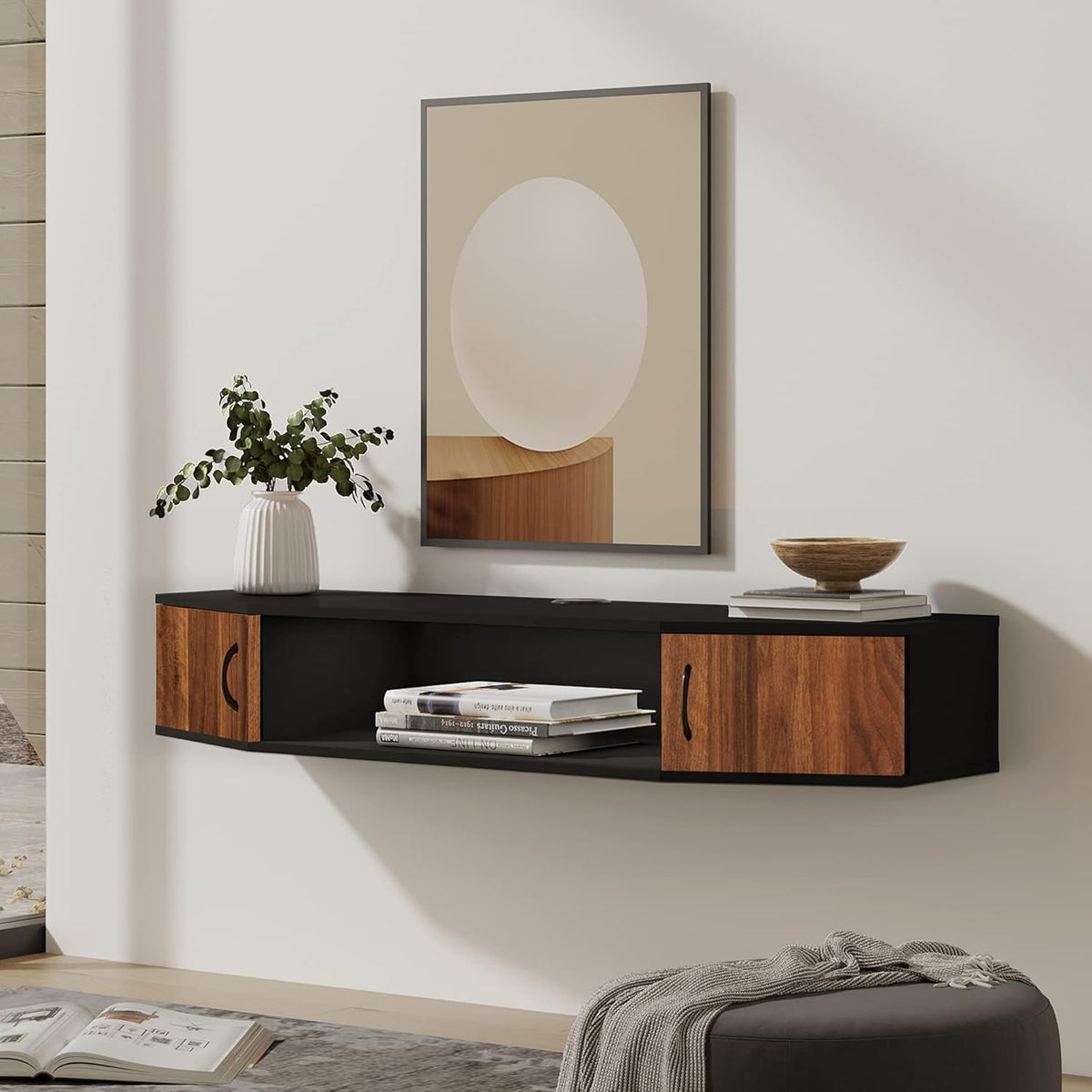 Black Floating TV Stand with Door Wood Media Console J6156