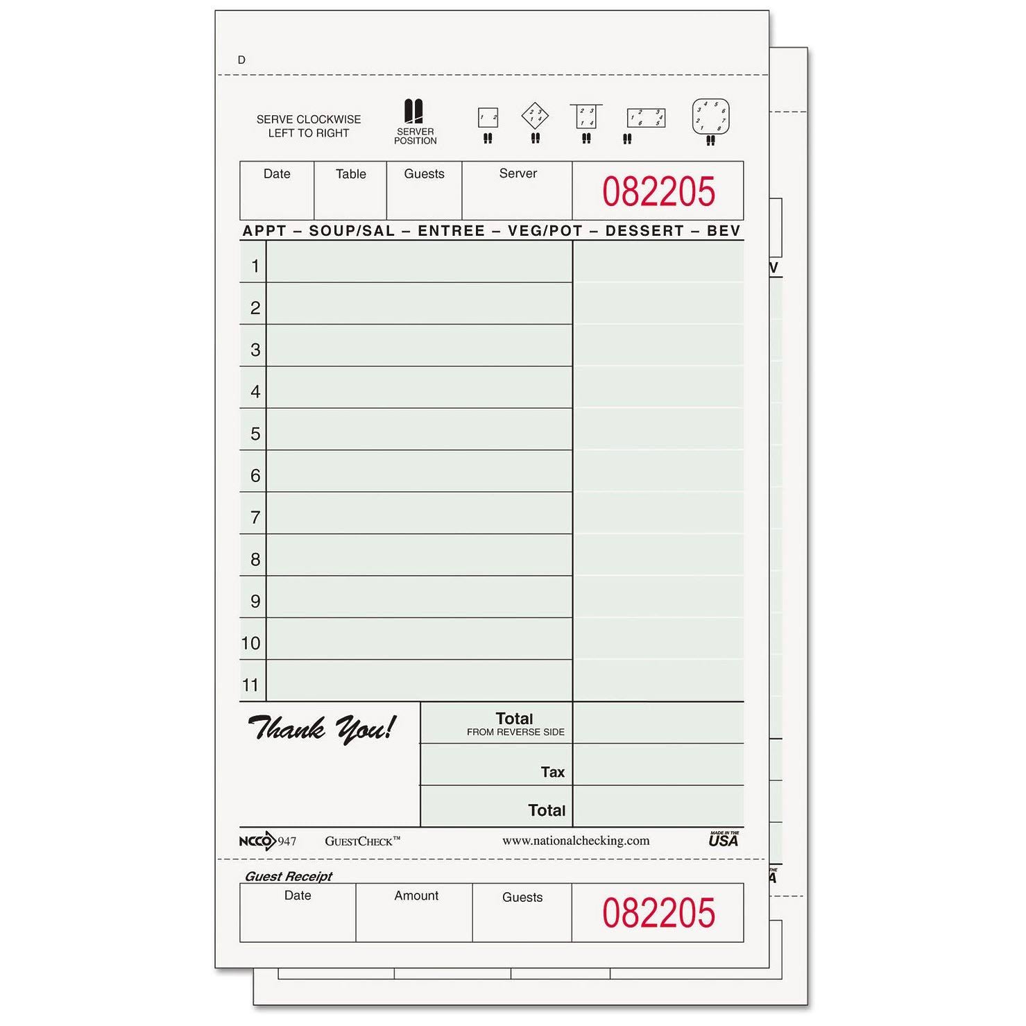 Carbonless Two-Part Guest Check, 4 1/5 x 7 1/4, Green/White N171