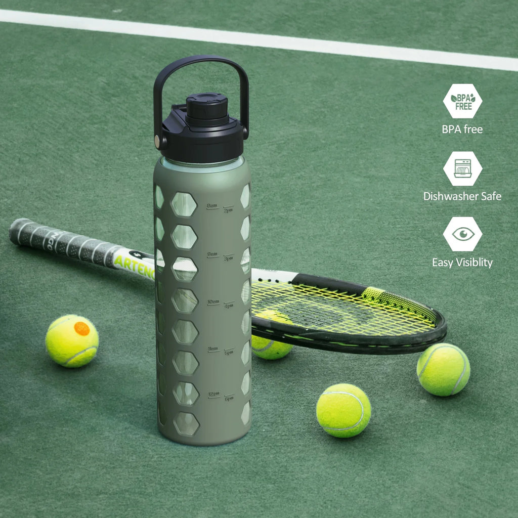24oz Glass Water Bottle with 2 Lids and Silicone Sleeve E72335