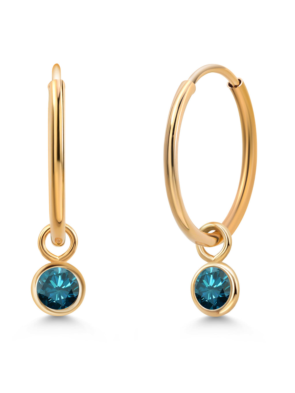 14K Yellow Gold Blue Diamond Hoop Earrings A5186