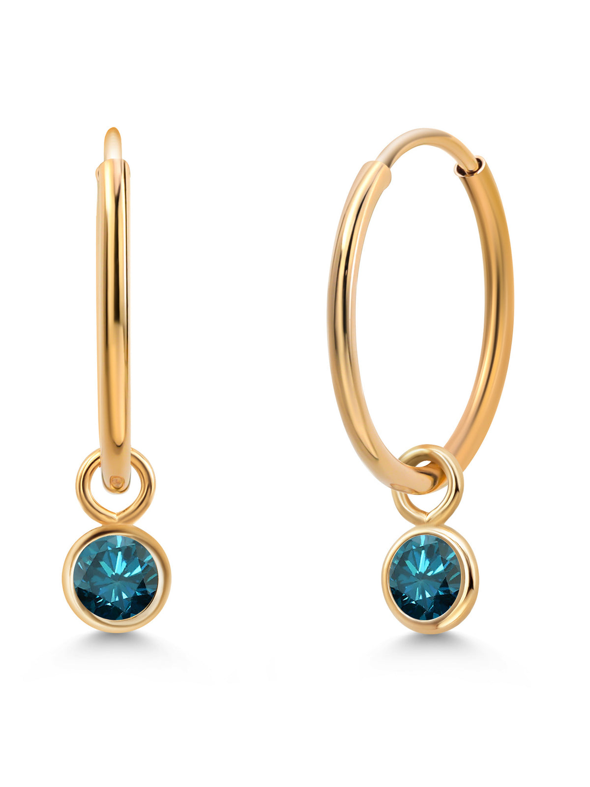 14K Yellow Gold Blue Diamond Hoop Earrings A5186