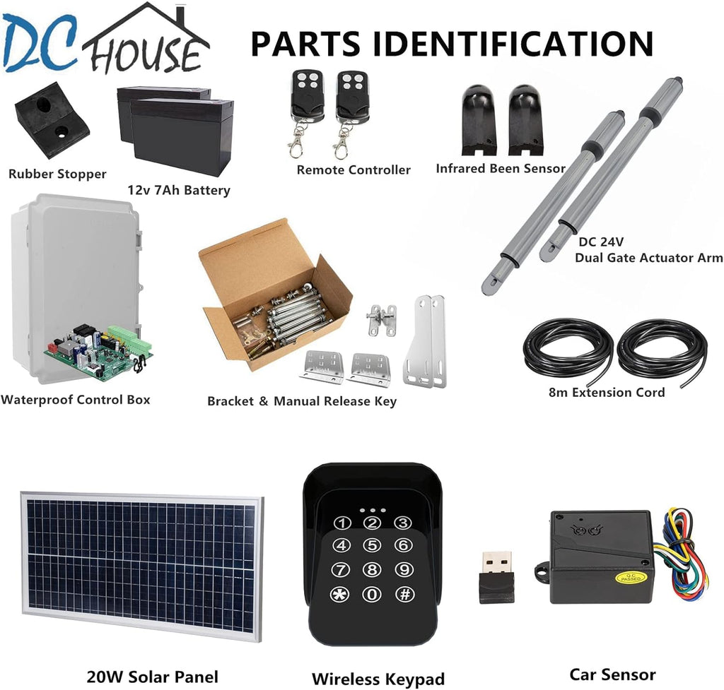 24V DC/AC Heavy-Duty Automatic Solar Dual Gate Opener Kit with Keypad + Car Sensor for Swing Gates Up to 16.4 Feet O143139