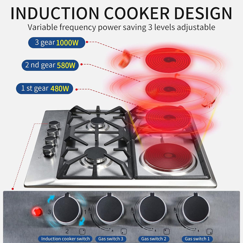 24×20 Inches Stainless Steel Gas Cooktop with 3 Sealed Burners +1 Electric Stove T340