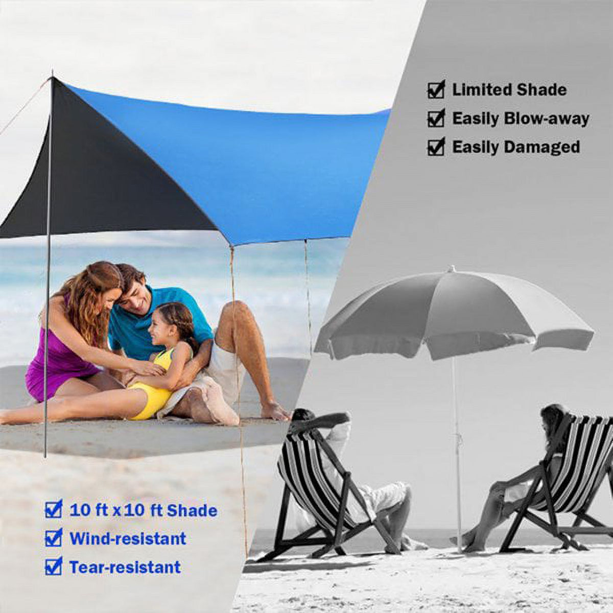 Blue Portable Sun Shelter Beach Tent Canopy with 6 Sandbags C619