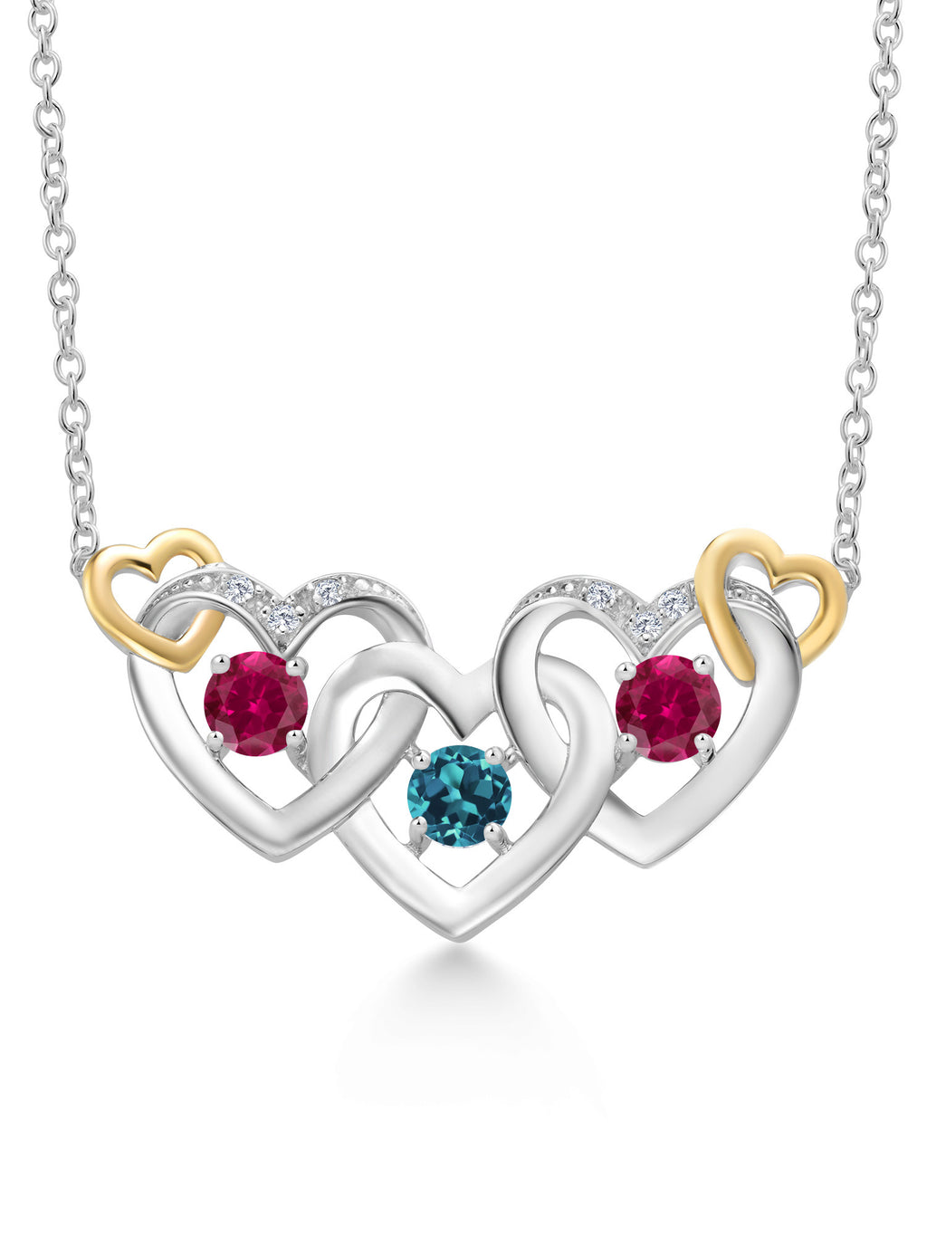 925 Silver 10K Yellow Gold London Blue Topaz Red Created Ruby White Lab Grown Diamond Heart Shape Pendant Necklace with 18 inch Chain Q1634