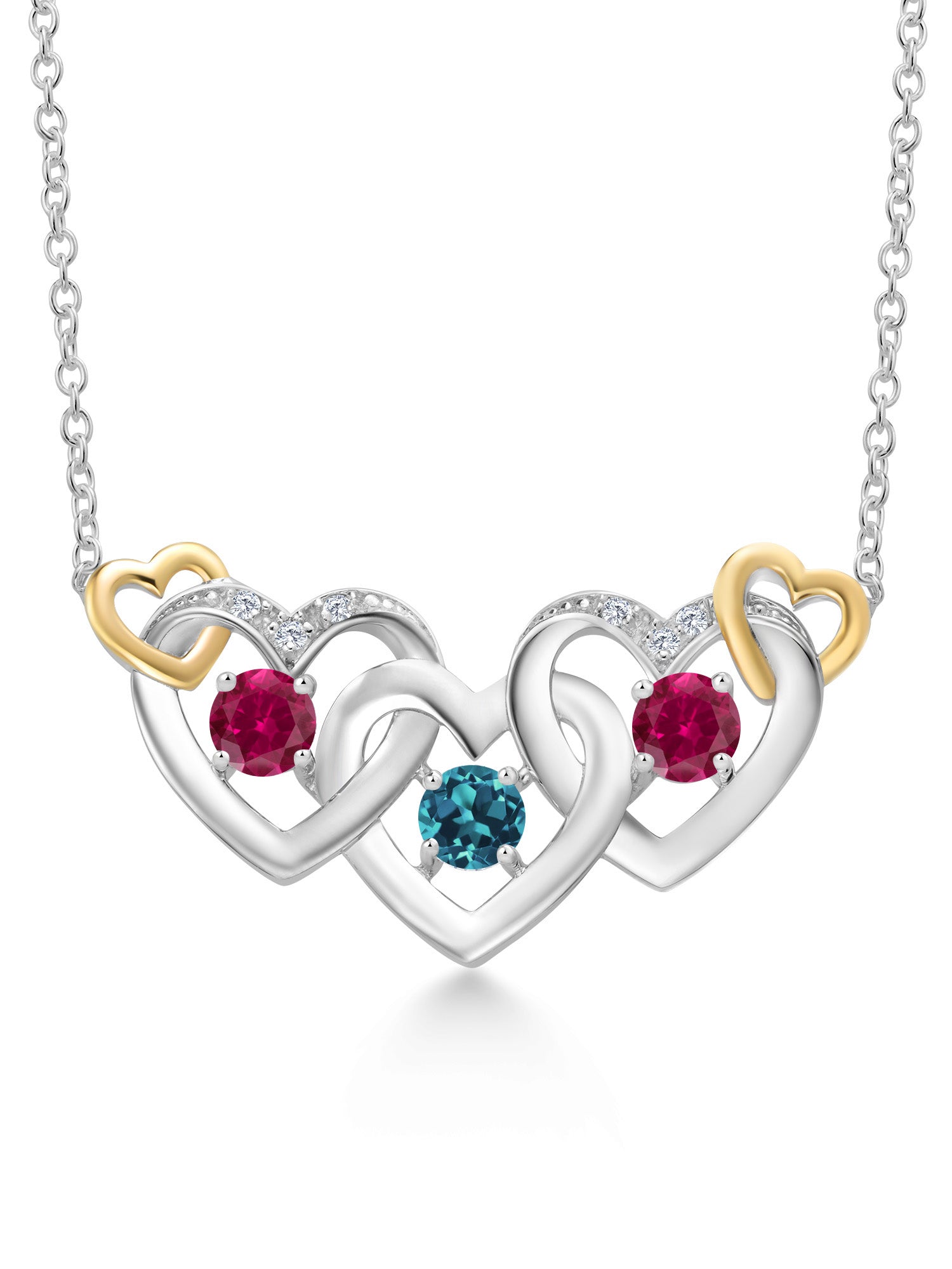 925 Silver 10K Yellow Gold London Blue Topaz Red Created Ruby White Lab Grown Diamond Heart Shape Pendant Necklace with 18 inch Chain Q1634