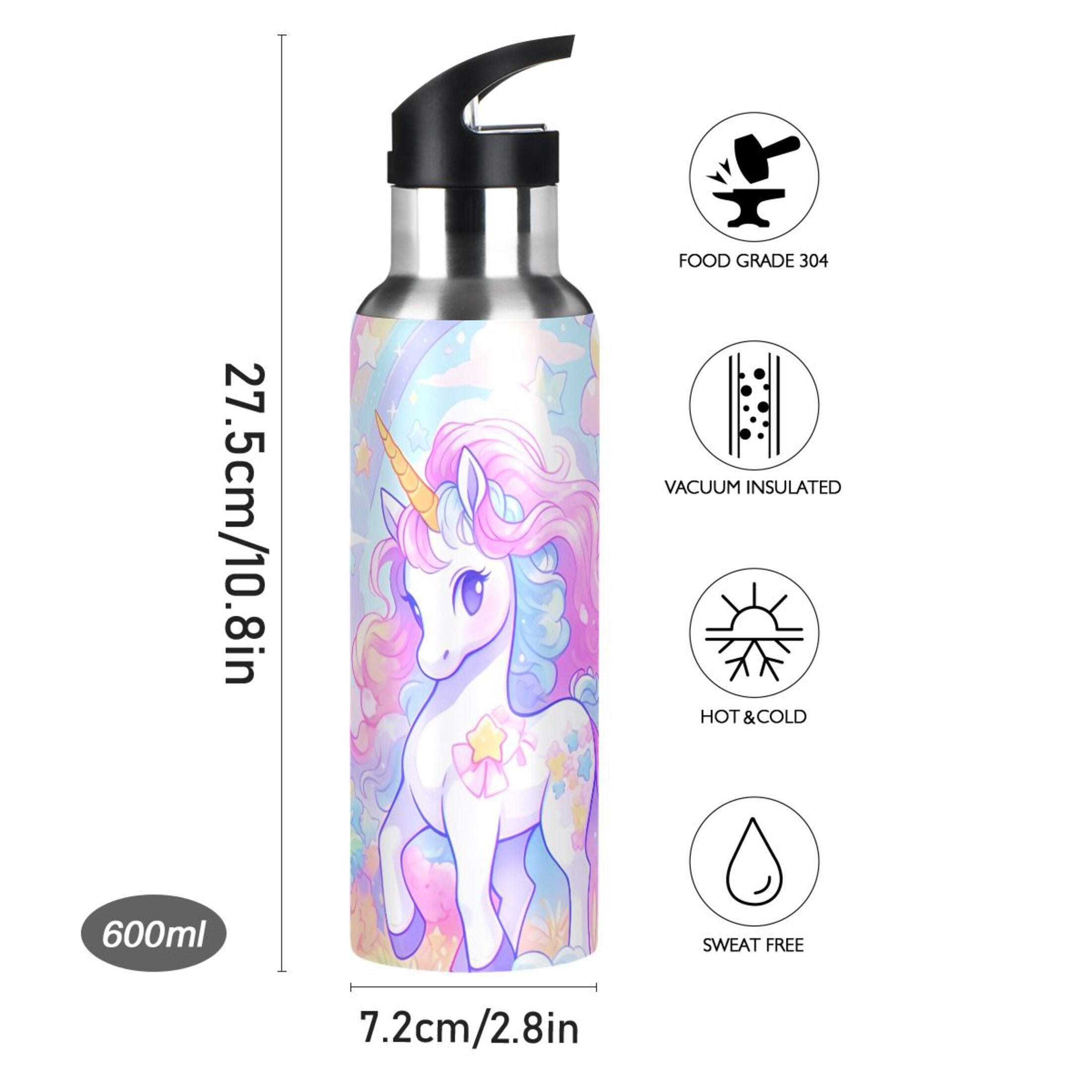 Unicorn Rainbow Stainless Steel Insulated Water Bottle with Straw Lid I767