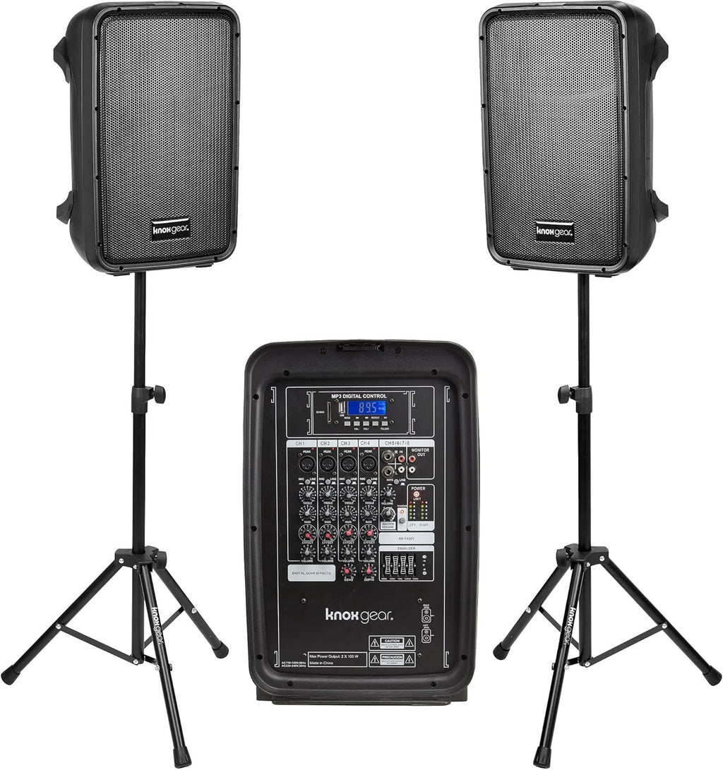 Portable 8” 300 Watt DJ PA System with Wired Microphone & Tripod Stands Q608