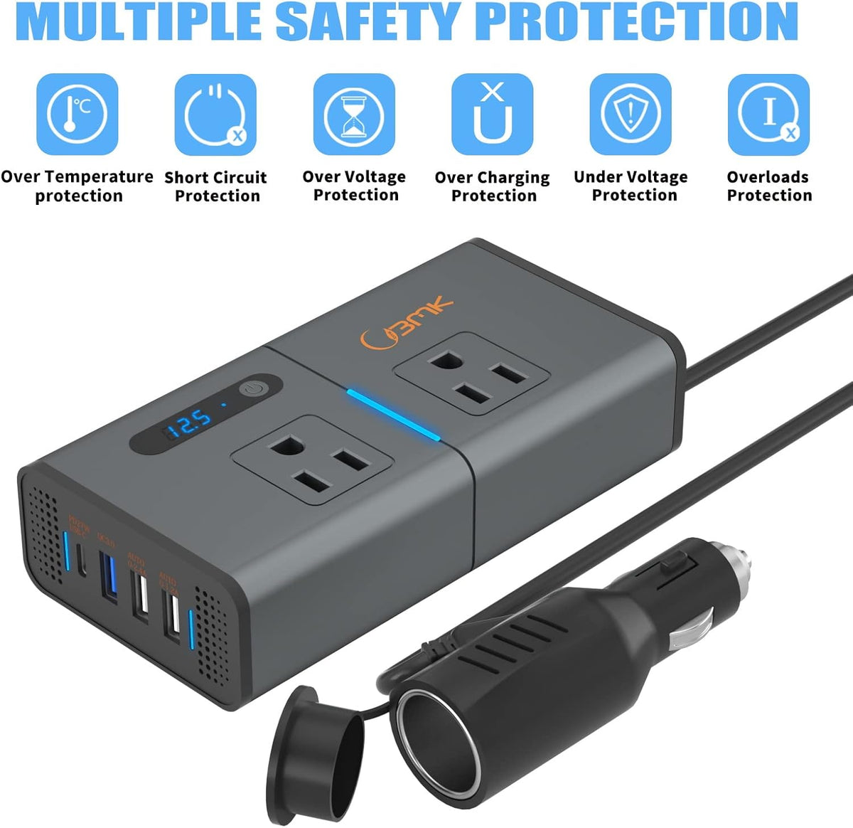 200W Car Power Inverter DC 12V to 110V with USB and Type C Ports Pack of 2 T13342