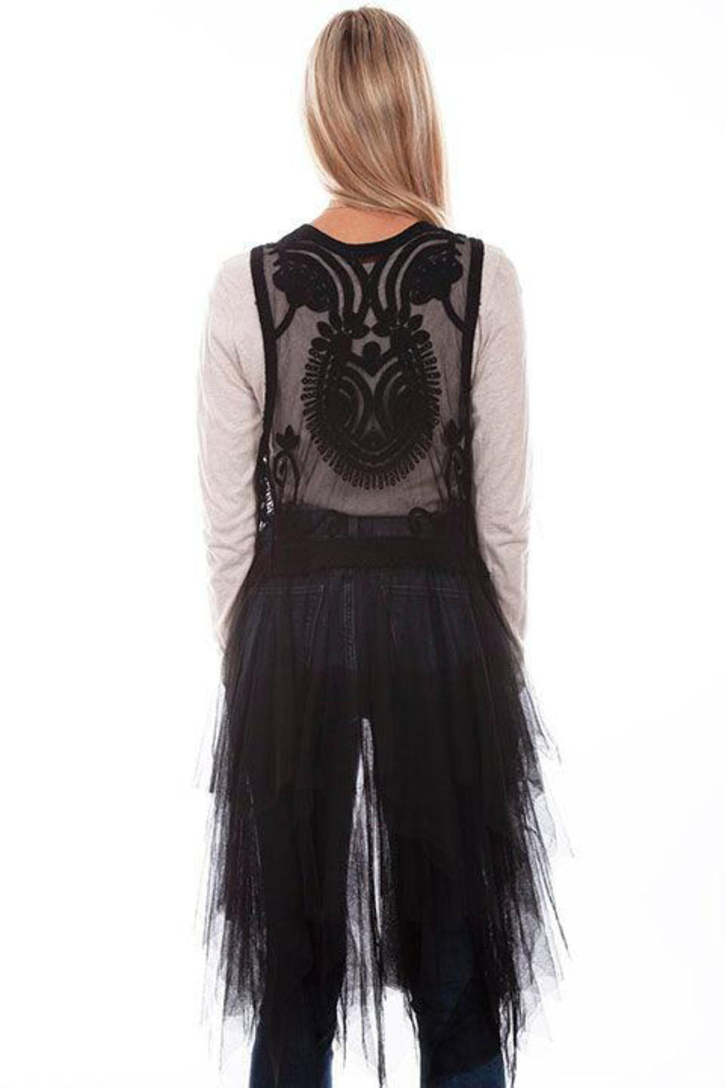 Black Embroidered Tulle Layered Duster C747