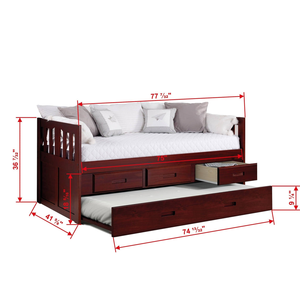 Twin Mission Captains Bed with 3 Drawer Storage and Twin Trundle in Merlot Finish M6671