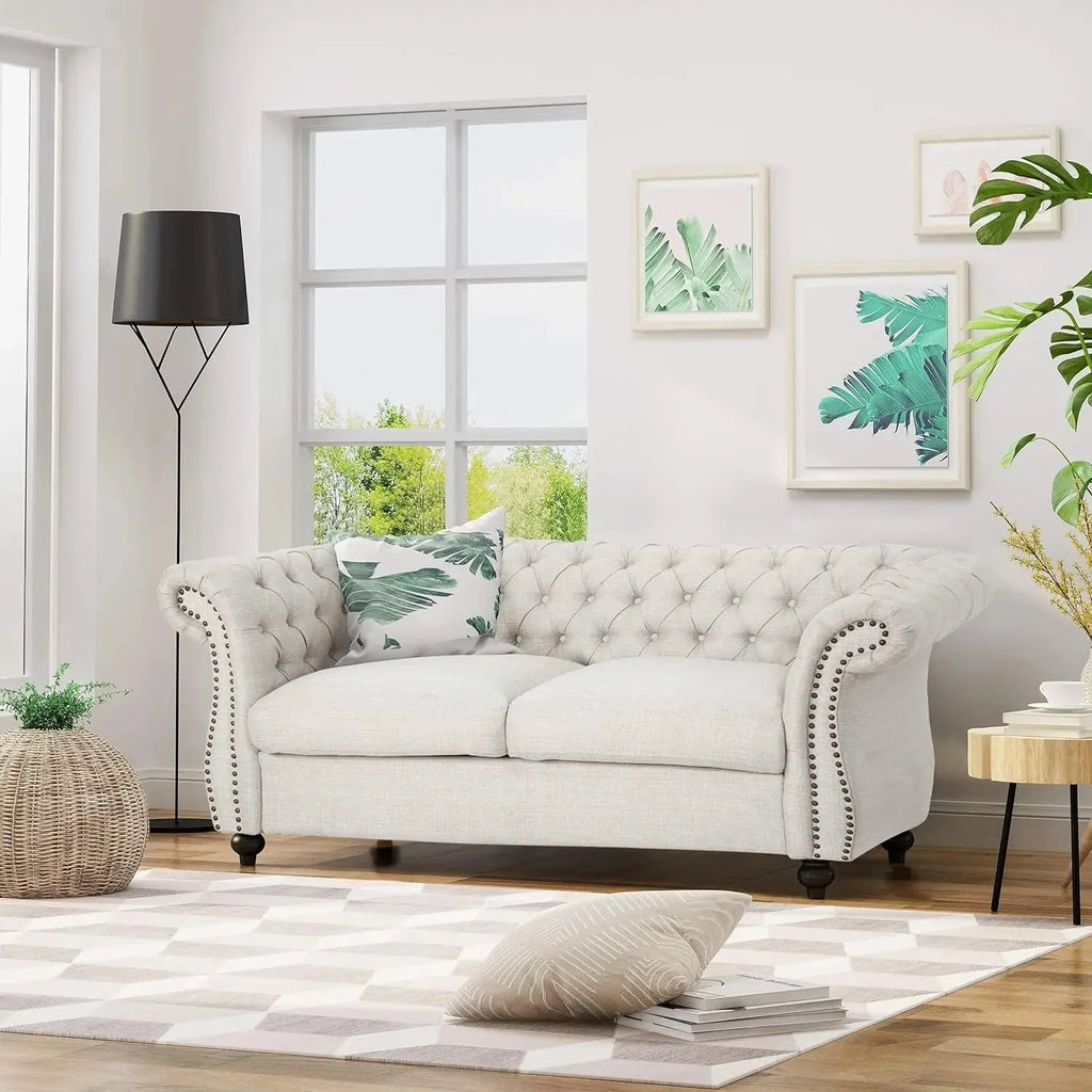 Beige and Dark Brown Chesterfield Loveseat Sofa A90828