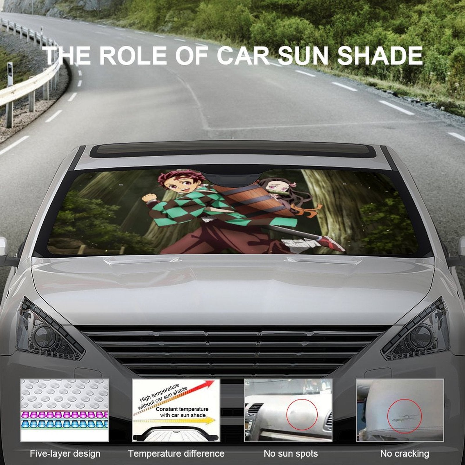 Demon Slayer Tanjiro Nezuko Foldable Reflective Sun Visor Front Window Cover I1094