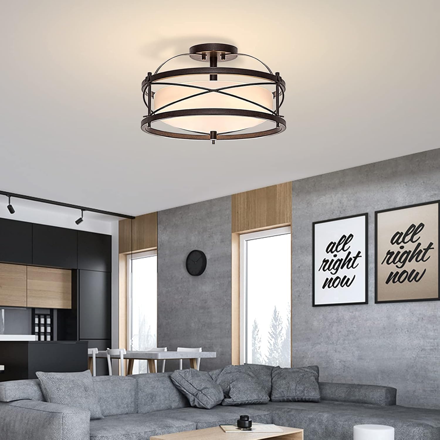 Bronze Metal Cage Semi Flush Mount Ceiling Light B856