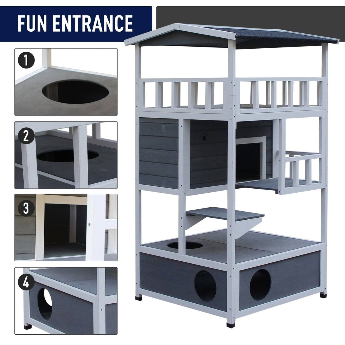 Gray Solid Wood Cat Condo with Litter Box Space J8661