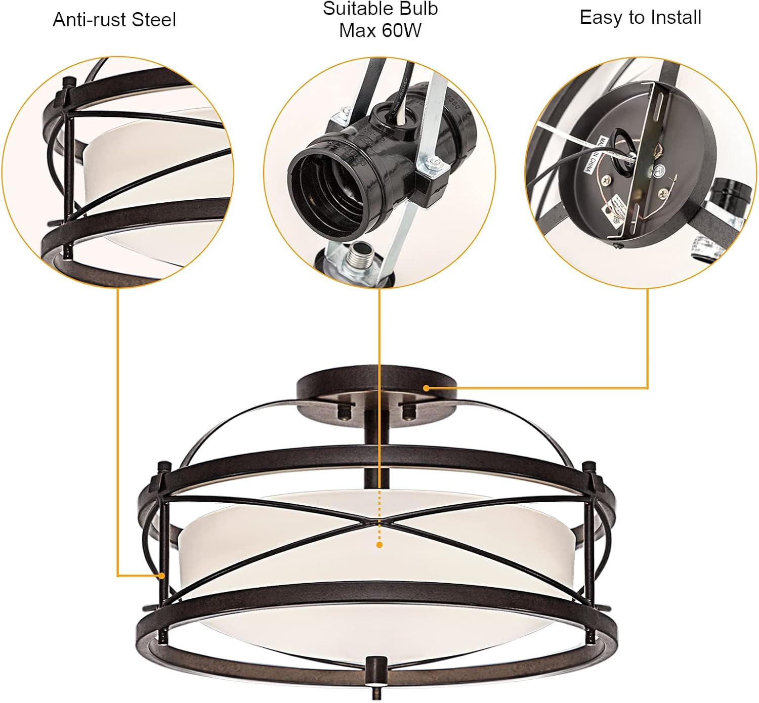 Bronze Metal Cage Semi Flush Mount Ceiling Light B856