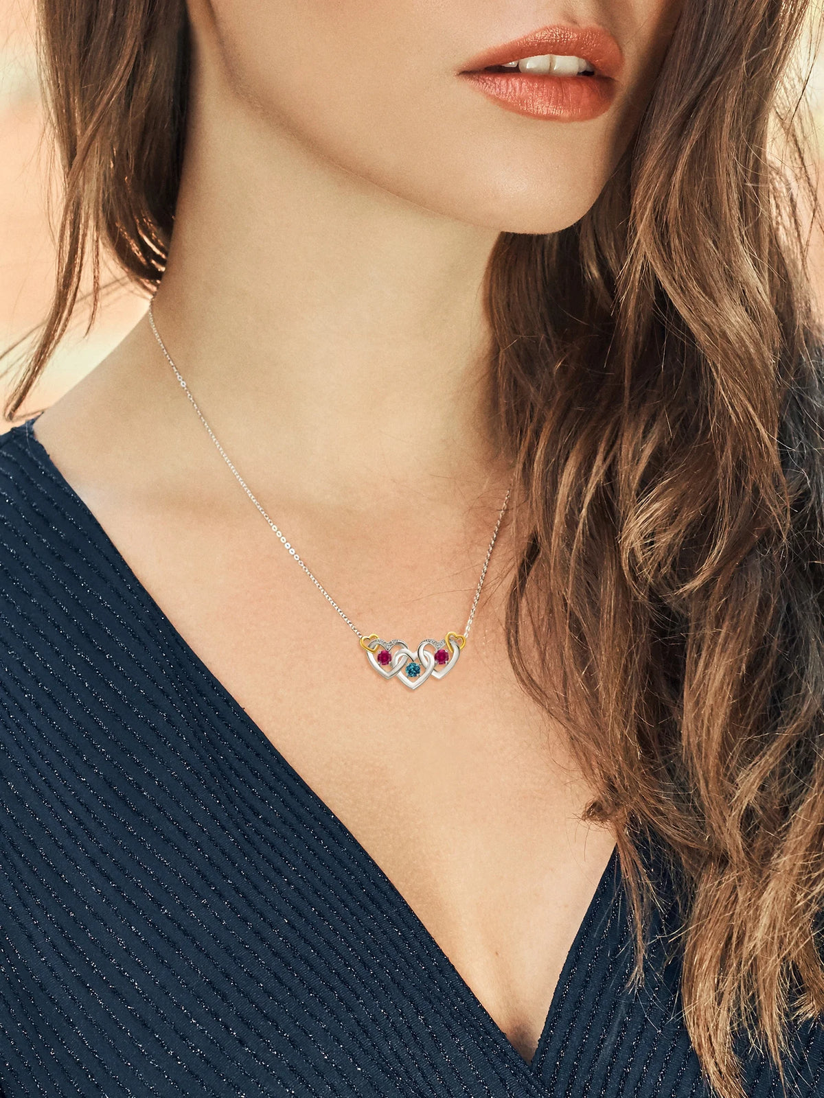 925 Silver 10K Yellow Gold London Blue Topaz Red Created Ruby White Lab Grown Diamond Heart Shape Pendant Necklace with 18 inch Chain Q1634