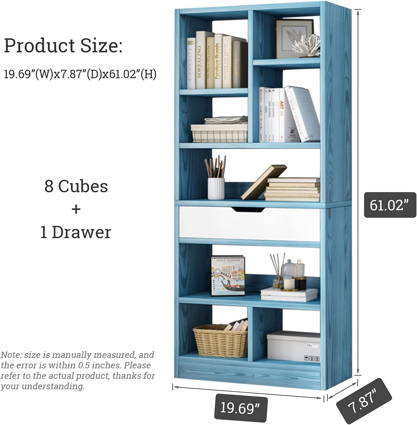 Bright Blue 8 Cubes Wooden Bookcase with Drawer V44398