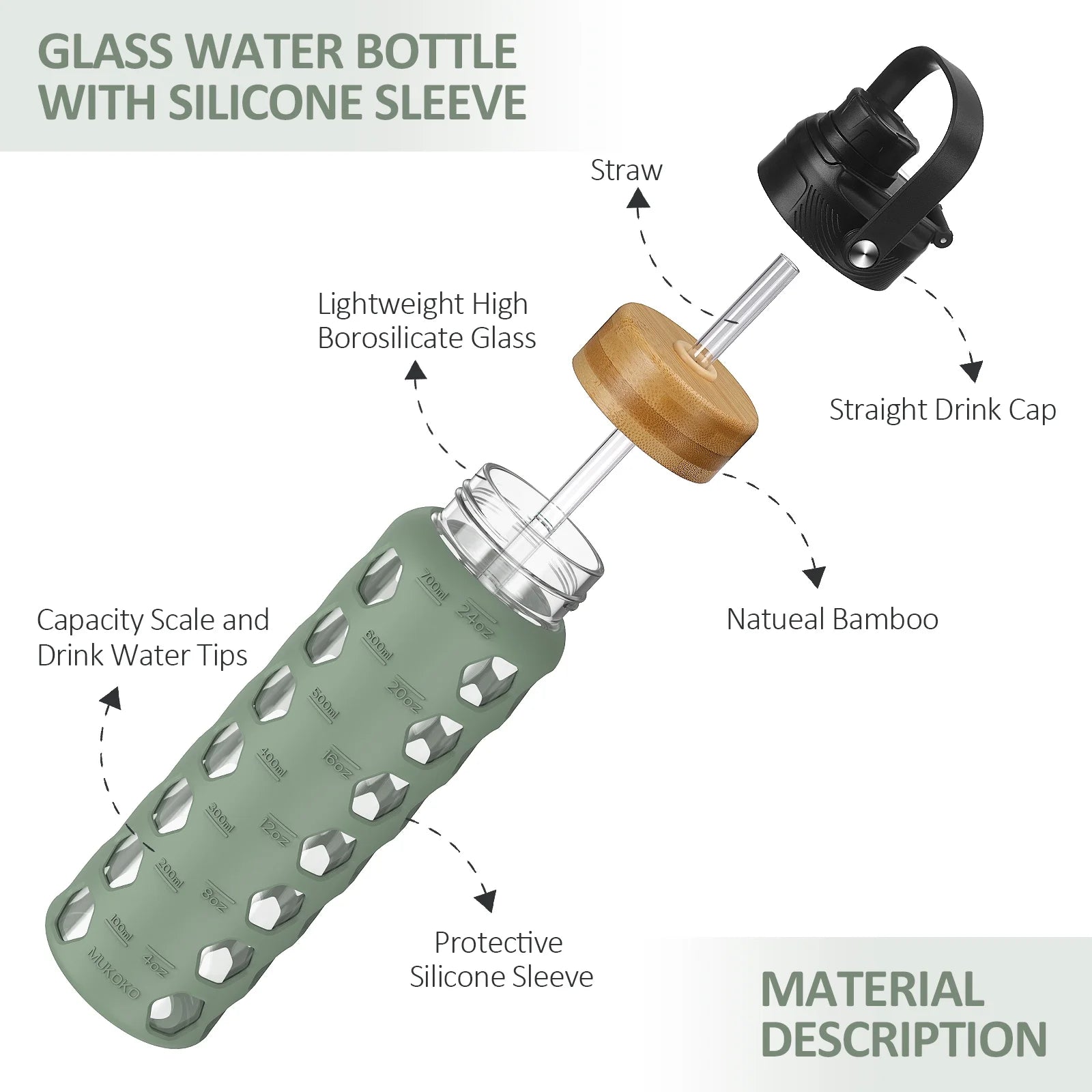 24oz Glass Water Bottle with 2 Lids and Silicone Sleeve E72335