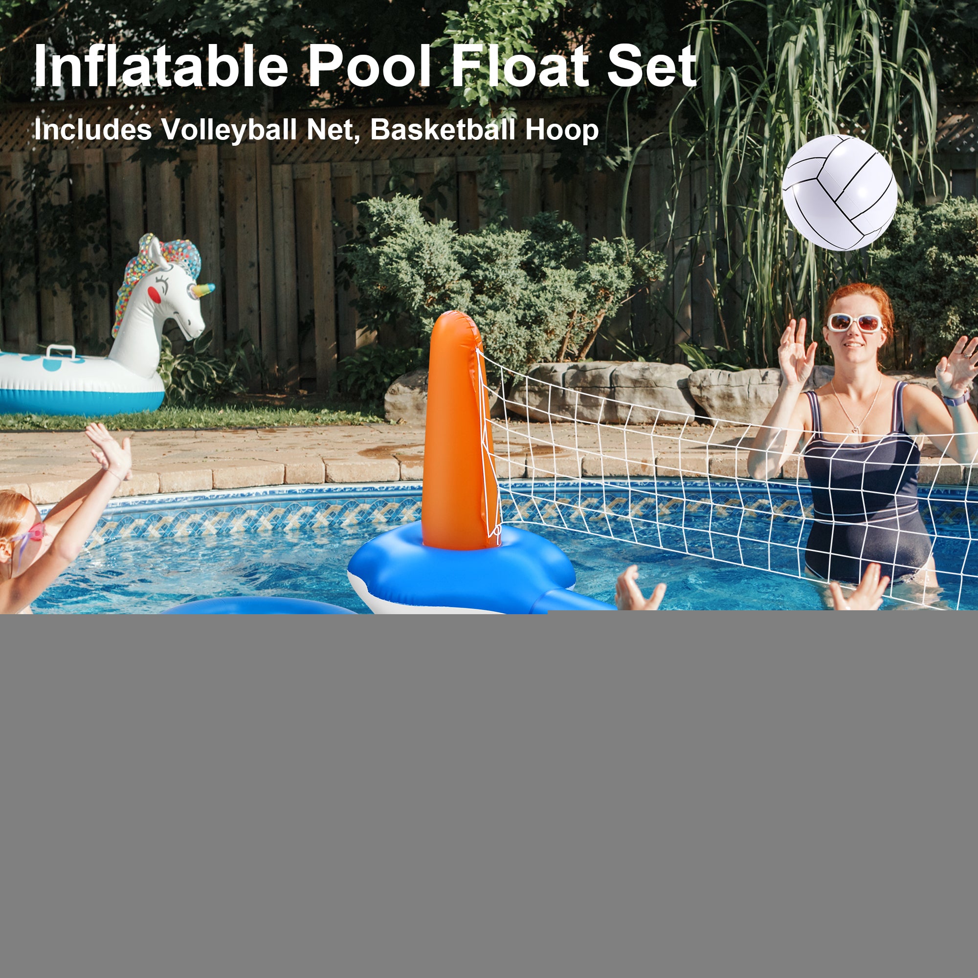 Inflatable Pool Float Set with Volleyball Net & Basketball Hoops M234