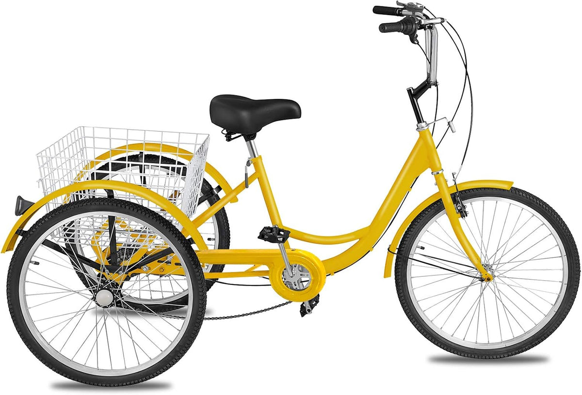 Adult Tricycle 20 inch, Three Wheel Bikes 7 Speed, Yellow Tricycle with Bell Brake System, Cargo Basket Z395064