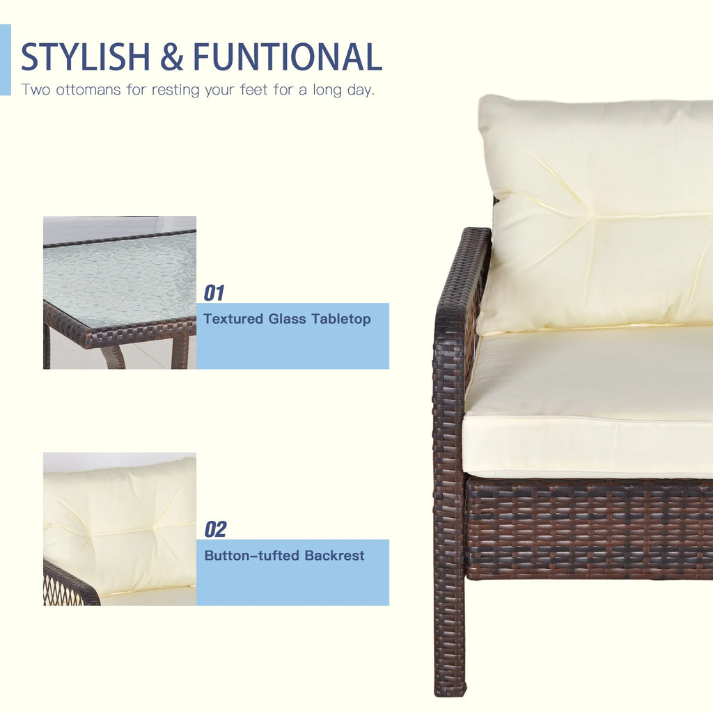 5pc PE Wicker Balcony Furniture Set with Ottomans, Steel, Cream C226