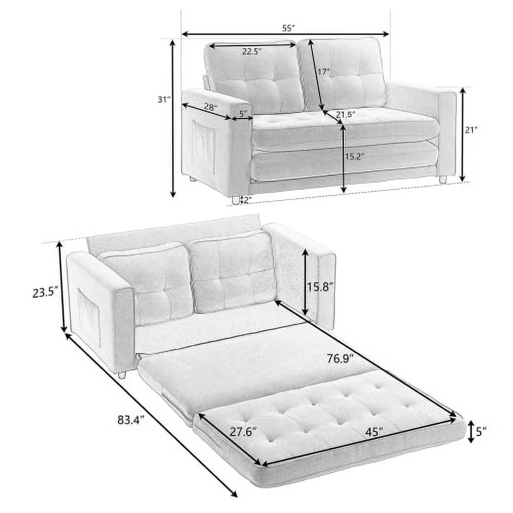 Beige Linen Folding Sofa Bed with Two Storage Pockets Y581894